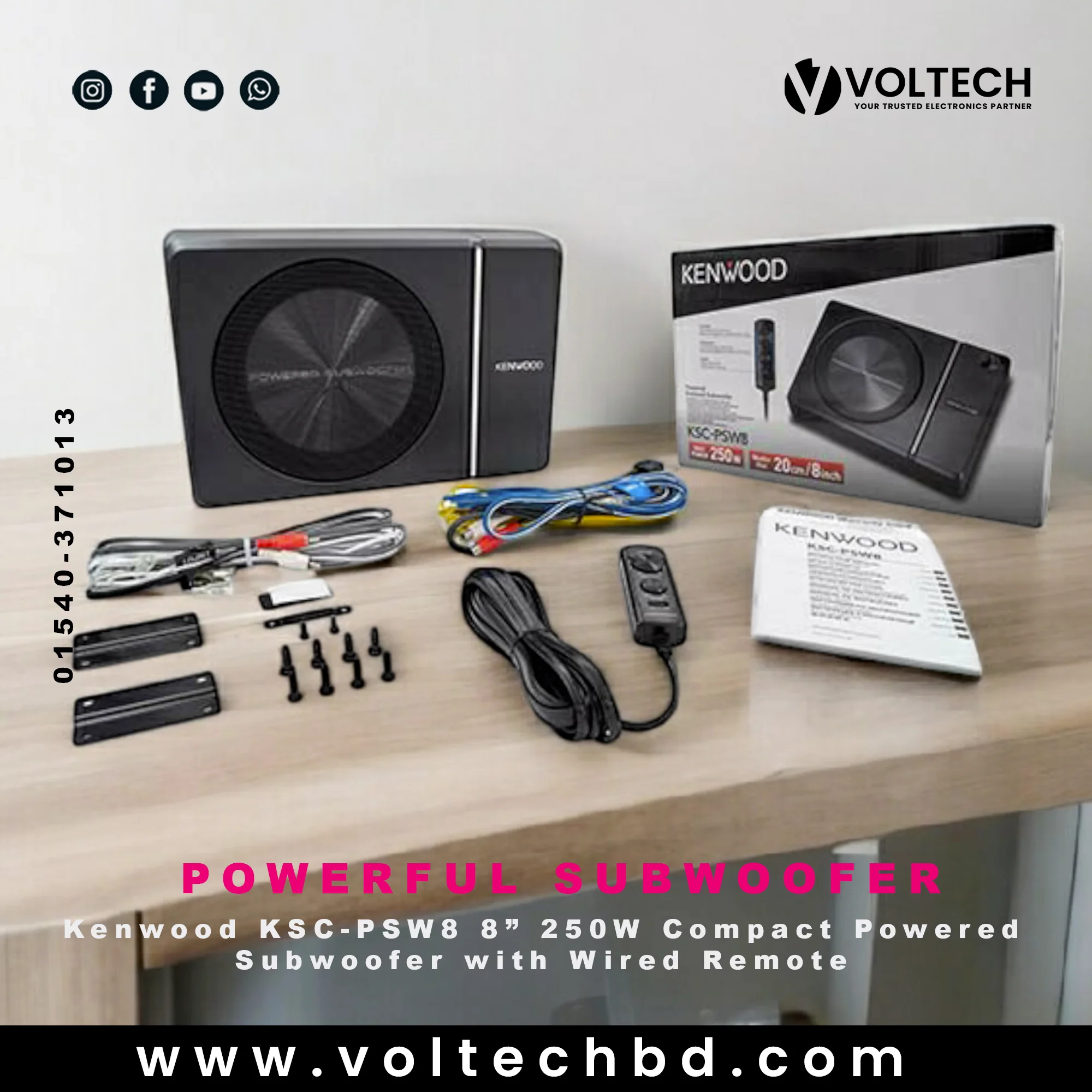 Kenwood KSC-PSW8 8” 250W Compact Powered Subwoofer with Wired Remote | Voltech Electronics